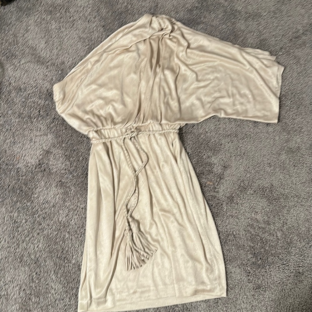 One shoulder beige dress with silver sparkles, rope tie belt. Ruching shoulder